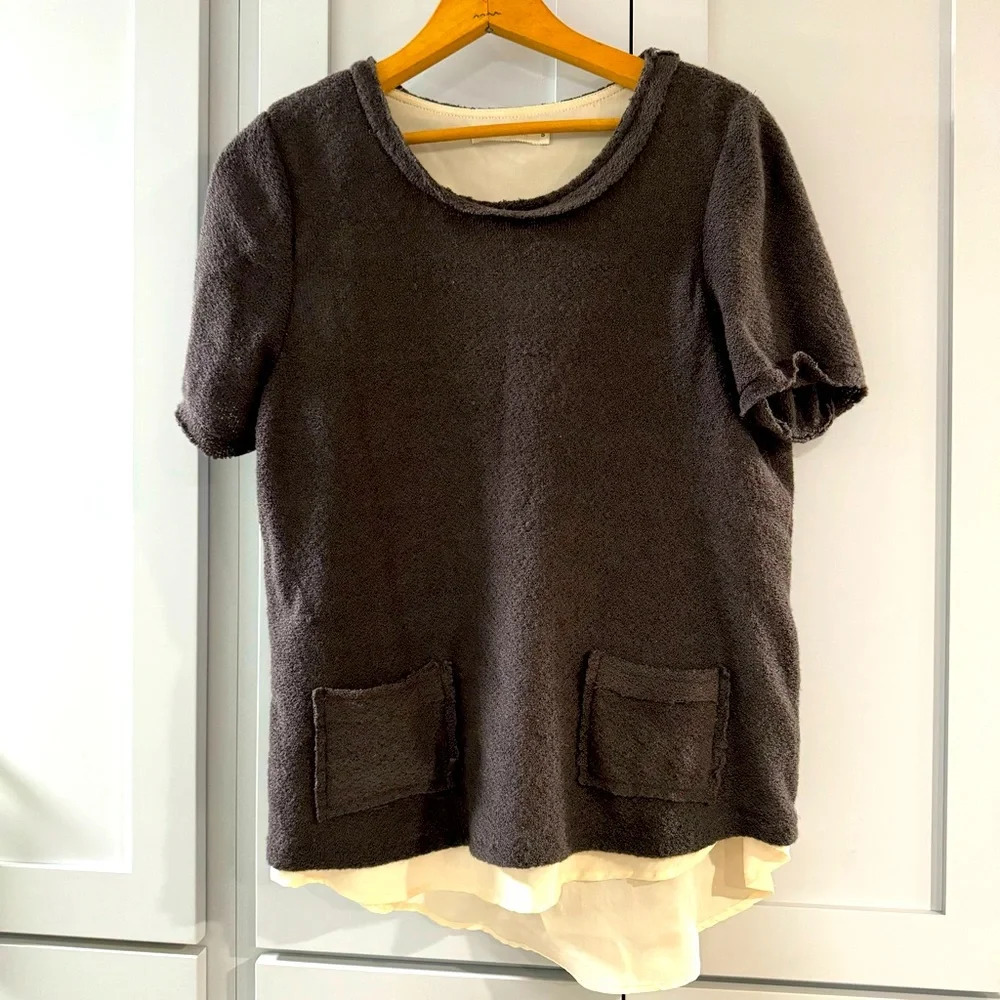 Anthropologie Comme Toi Short Sleeve Sweater Taupe Cream Small